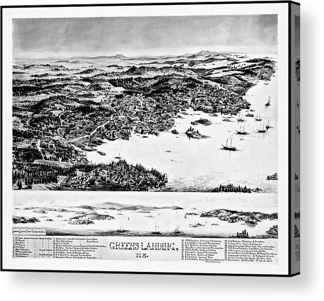 Maine Map Acrylic Print featuring the photograph Greens Landing Stonington Maine Vintage Map Birds Eye View 1893 Black and White by Carol Japp