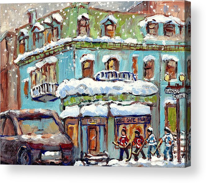Montreal Acrylic Print featuring the painting Grocery Store Corner Milton And Durocher Near Mcgill C Spandau Montreal Winter Scene Hockey Artist by Carole Spandau