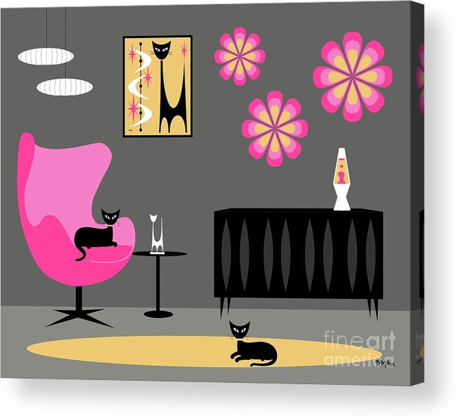 Mid Century Cat Acrylic Print featuring the digital art Groovy Pink Yellow and Gray Room by Donna Mibus