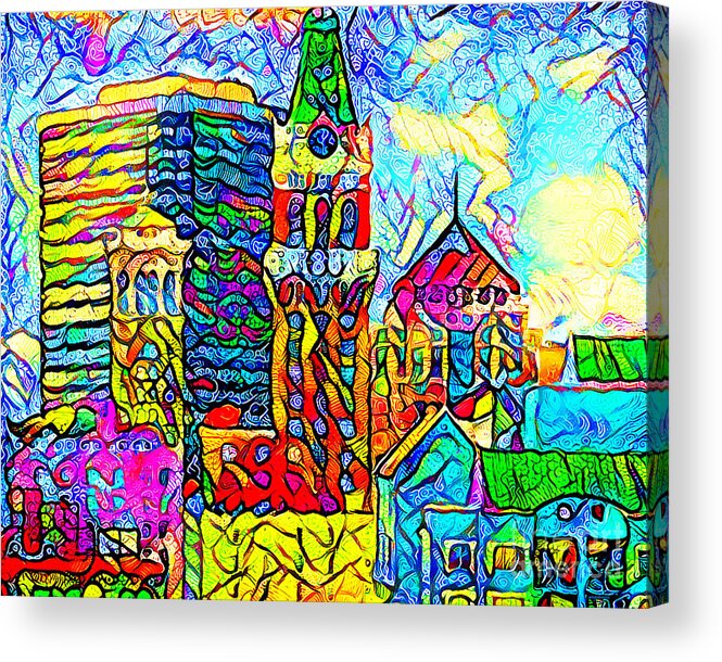 Wingsdomain Acrylic Print featuring the photograph Happy Cheerful Contemporary Oakland Tribune And The Oakland Skyline 20200829 by Wingsdomain Art and Photography