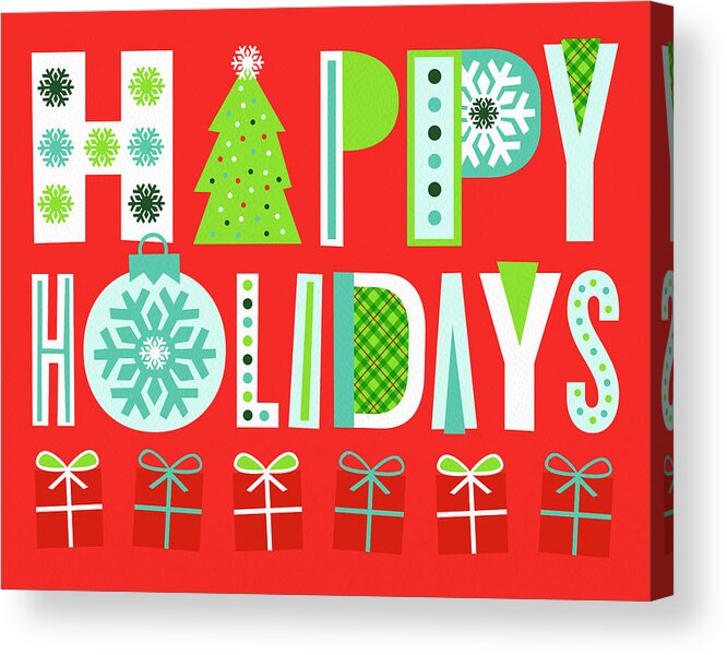 Red Acrylic Print featuring the painting Happy Holidays Typographic Greeting Card Art by Jen Montgomery by Jen Montgomery
