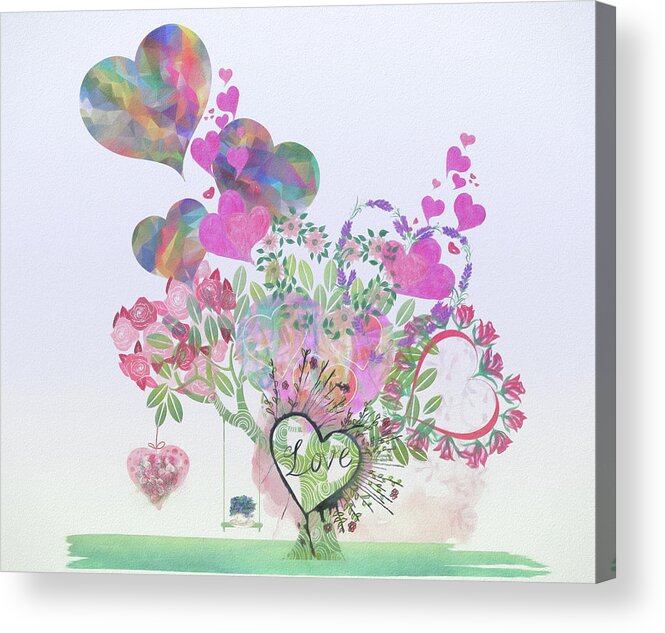 Heart Acrylic Print featuring the digital art Heart Love Tree in Watercolors by Debra and Dave Vanderlaan
