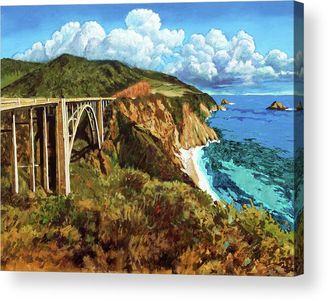 Highway One Acrylic Print featuring the painting Highway 1 Bridge by John Lautermilch
