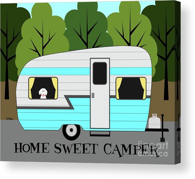 Vintage Camper Acrylic Print featuring the digital art Home Sweet Camper with Dog by Donna Mibus