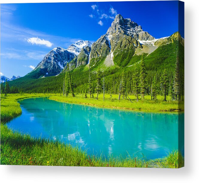 Water's Edge Acrylic Print featuring the photograph House Peak in Banff Natonal Park, CN by Ron and Patty Thomas