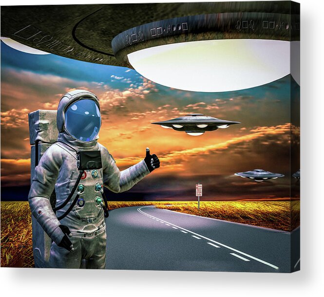 Astronaut Acrylic Print featuring the digital art Ironic Number Four - Hitchhiker by Bob Orsillo