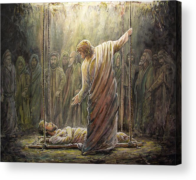 Jesus Acrylic Print featuring the painting Jesus Heals a Paralyzed Man by Aaron Spong