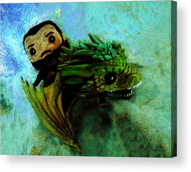 Game Of Thrones Acrylic Print featuring the painting Jon Snow On The Dragon by Miki De Goodaboom