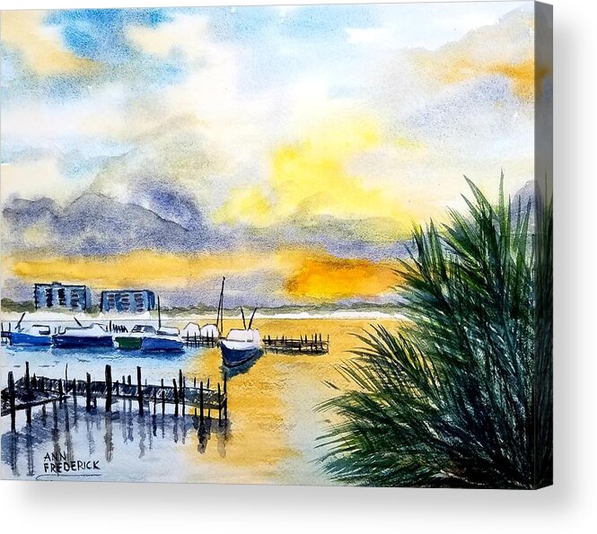 Sunset Acrylic Print featuring the painting Jo's Marina by Ann Frederick