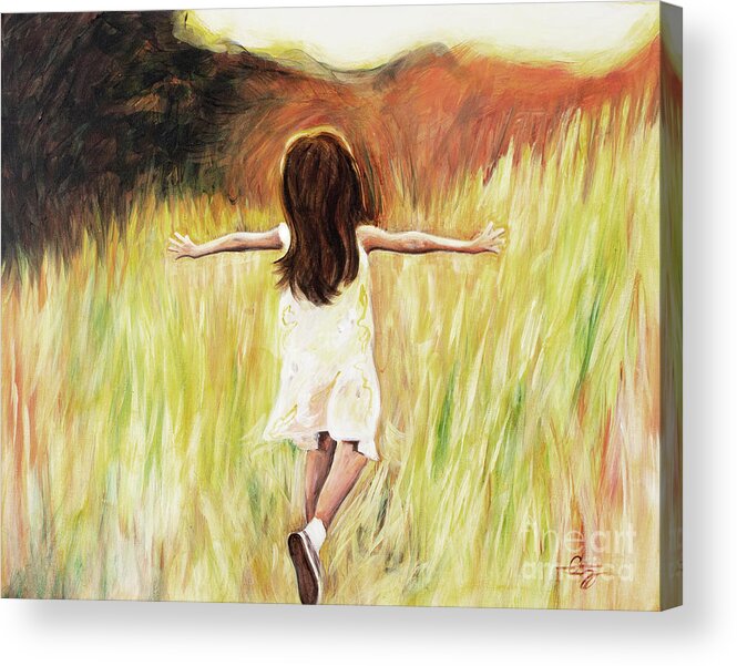 Joy Girl Running Field Sunshine Happy Joyful Peaceful Daughter Free Acrylic Print featuring the painting Joy by Pamela Schwartz