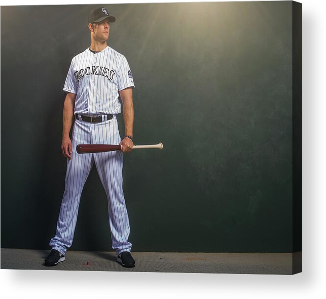 Media Day Acrylic Print featuring the photograph Justin Morneau by Rob Tringali