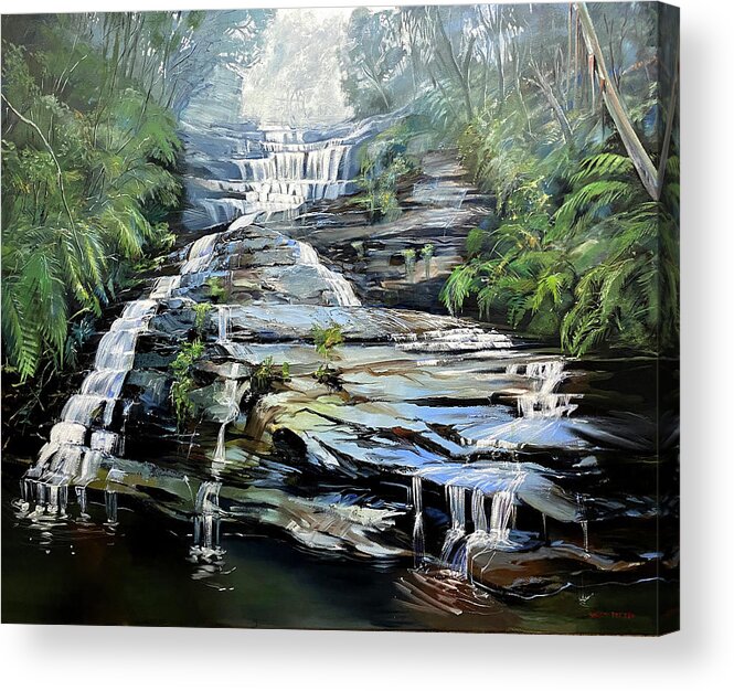 Stepped Waterfall Acrylic Print featuring the painting Katoomba Cascades by Shirley Peters