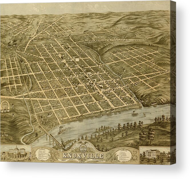 Birds-eye Acrylic Print featuring the drawing Knoxville, Tennessee 1871 by Vintage Places