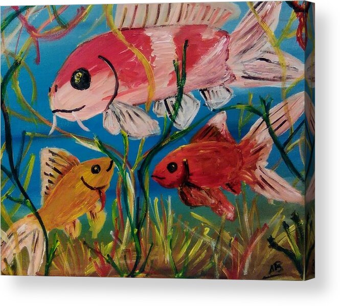 Fish Acrylic Print featuring the painting Koi and Goldfish Scene by Andrew Blitman