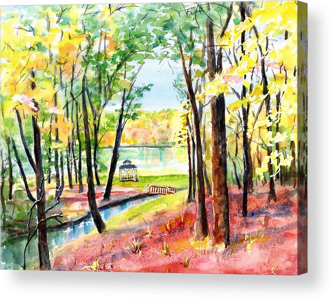 Autumn Acrylic Print featuring the painting Lake Gazebo by Carlin Blahnik CarlinArtWatercolor