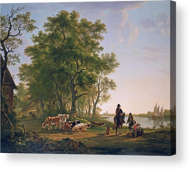Jacob Van Strij Acrylic Print featuring the painting Landscape with trees and cattle, Dordrecht in the background by Jacob van Strij
