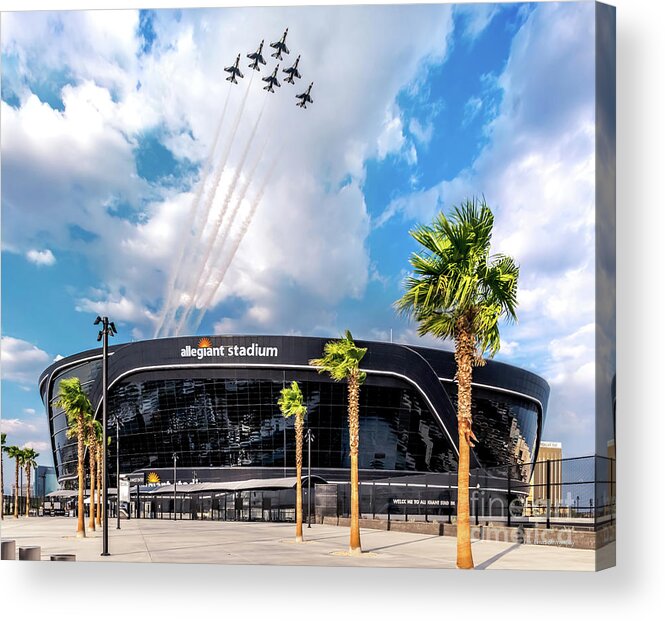 Allegiant Stadium Acrylic Print featuring the photograph Las Vegas Raiders Allegiant Stadium Opening Day Thunderbirds Fly Over by Aloha Art