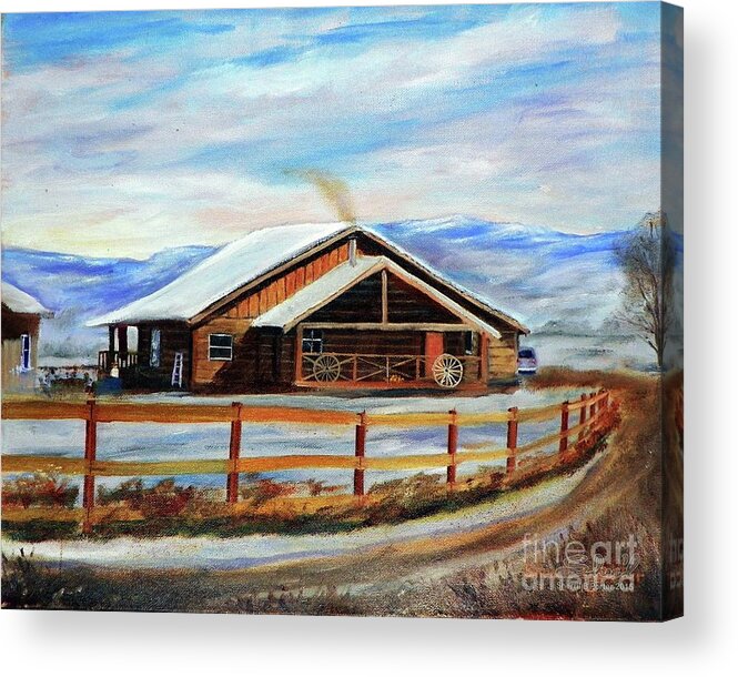Landscape Acrylic Print featuring the painting Log Cabin House in Winter by Sherril Porter