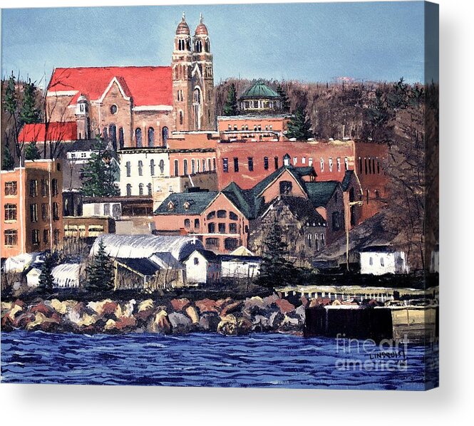 Marquette Acrylic Print featuring the painting Lower Harbor-Marquette Michigan by Tim Lindquist