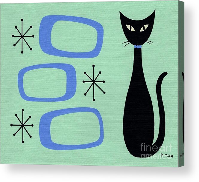 Mid Century Modern Black Cat Acrylic Print featuring the painting Mid Century Black Cat Blue Oblongs by Donna Mibus