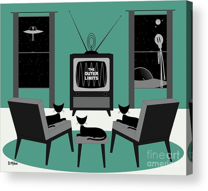 Mid Century Cat Acrylic Print featuring the digital art Mid Century Cats Watch Outer Limits by Donna Mibus