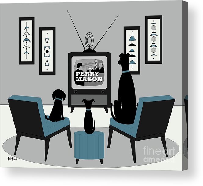 Black Dogs Acrylic Print featuring the digital art Mid Century Dogs Watch Perry Mason by Donna Mibus