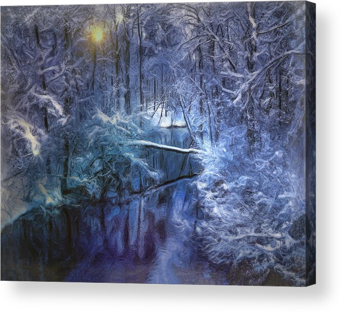 Snow Acrylic Print featuring the digital art Mountain Stream in the Snow by Cordia Murphy