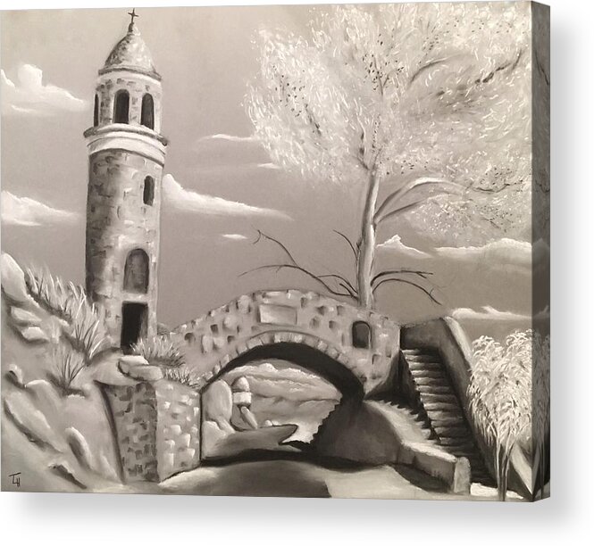 Mt. Rubidoux Acrylic Print featuring the drawing Mt. Rubidoux Peace Tower by Tracy Hutchinson