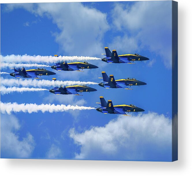 Blue Angels Show Acrylic Print featuring the photograph Navy Blue Angels Airshow With Smoke Trails on Cloudy Day by Robert Bellomy