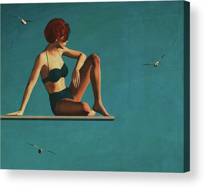 Girl Acrylic Print featuring the digital art Oil Painting of a Woman Sitting on a Diving Board by Jan Keteleer