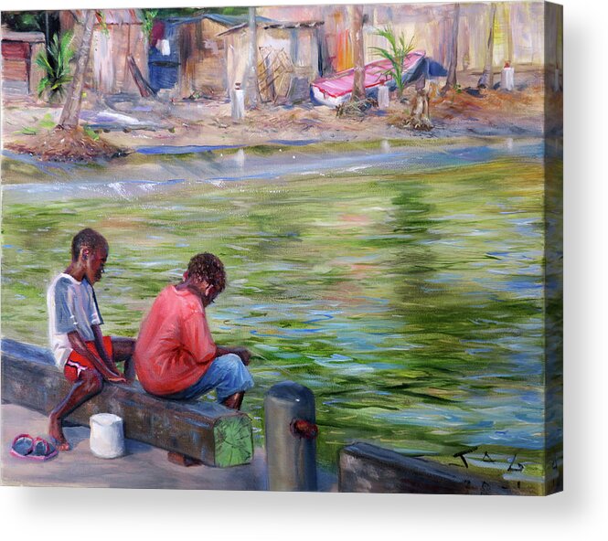Caribbean Acrylic Print featuring the painting On the Jetty by Jonathan Guy-Gladding JAG