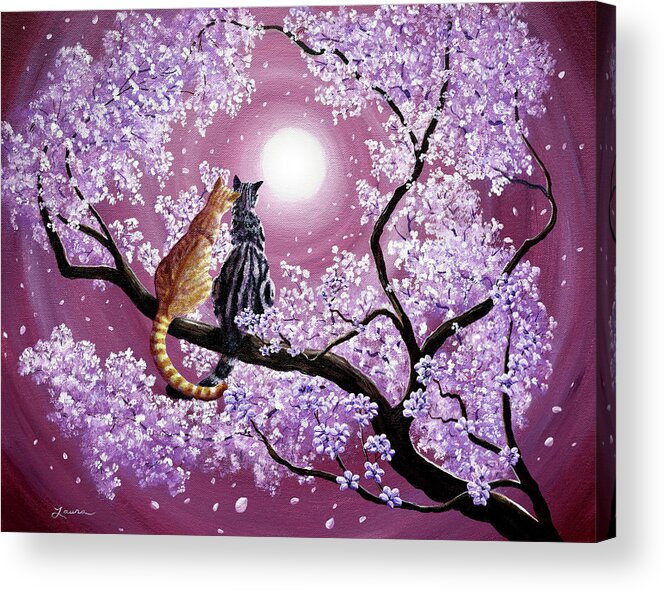 Grey Acrylic Print featuring the painting Orange and Gray Tabby Cats in Cherry Blossoms by Laura Iverson