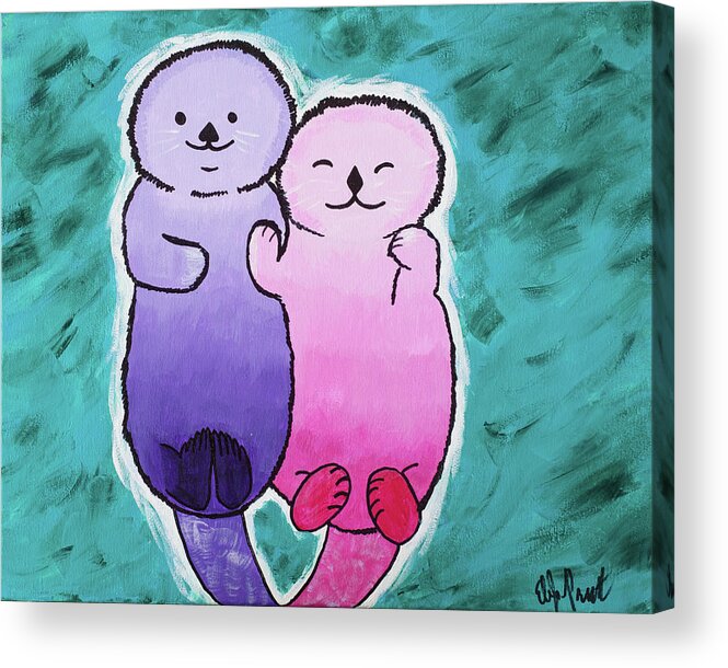 Les Loutres Acrylic Print featuring the painting Otterly in Love by Elena Pratt