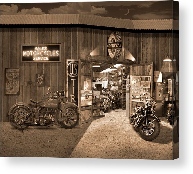 Motorcycle Acrylic Print featuring the photograph Outside The Old Motorcycle Shop - Spia by Mike McGlothlen