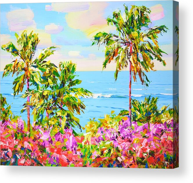 Ocean Acrylic Print featuring the painting 	Palms. Ocean. Flowers. by Iryna Kastsova