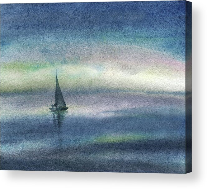 Ocean With Single Drifting Boat Painting Acrylic Print featuring the painting Peaceful Evening At The Sea Drifting Boat by Irina Sztukowski