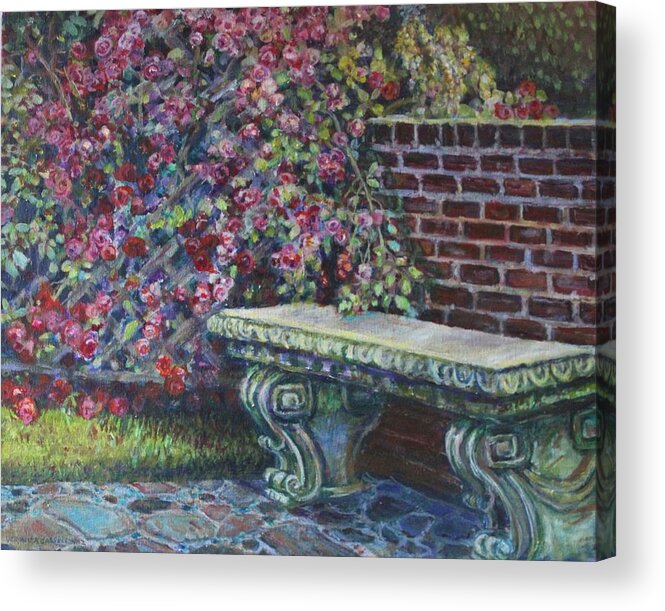Garden Scene Acrylic Print featuring the painting Peaceful Place Of Roses by Veronica Cassell vaz