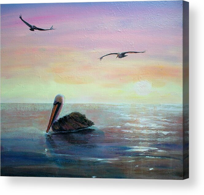 Pelicans Acrylic Print featuring the painting Pelican beach by Ruth Kamenev