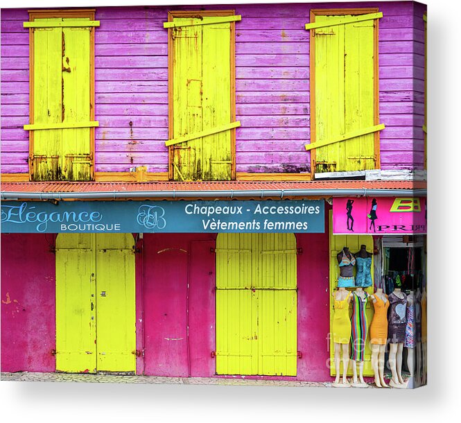 Caribbean Acrylic Print featuring the photograph Pink and yellow house in Le Moule by Lyl Dil Creations