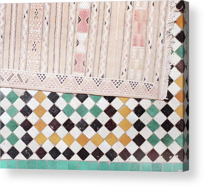 Tile Floor Acrylic Print featuring the photograph Pink Rug and Tiles by Lupen Grainne