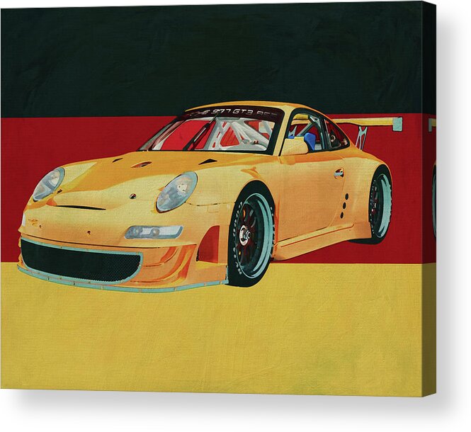 Porsche Acrylic Print featuring the painting Porsche GT3 RS Cup 2008 in front of the German flag by Jan Keteleer