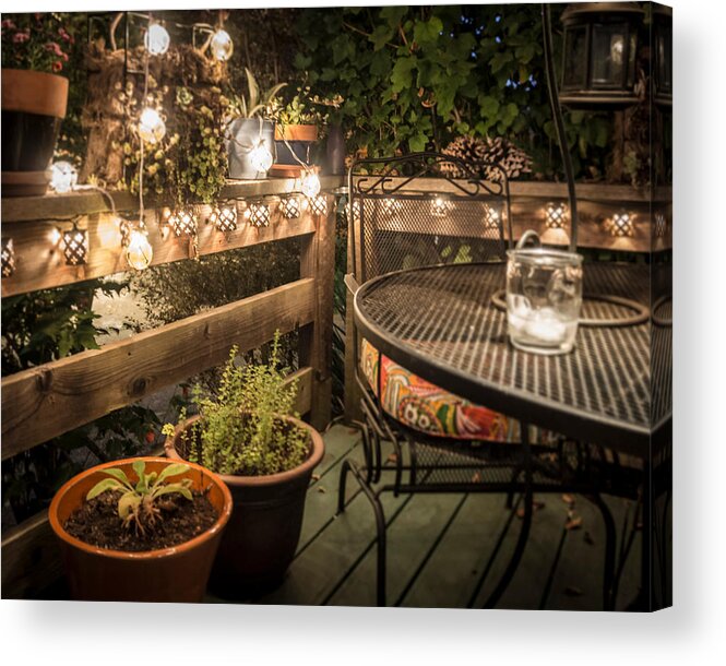 Outdoors Acrylic Print featuring the photograph Potted Plants By Table And Chair In Illuminated Back Yard by Jesse Coleman / EyeEm