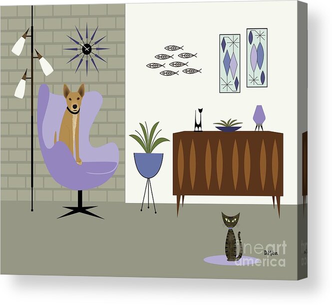 Mid Century Dog Acrylic Print featuring the digital art Purple Egg Chair with Dog and Cat by Donna Mibus