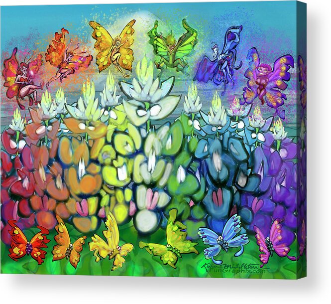 Rainbow Acrylic Print featuring the digital art Rainbow Bluebonnets Scene w Pixies by Kevin Middleton
