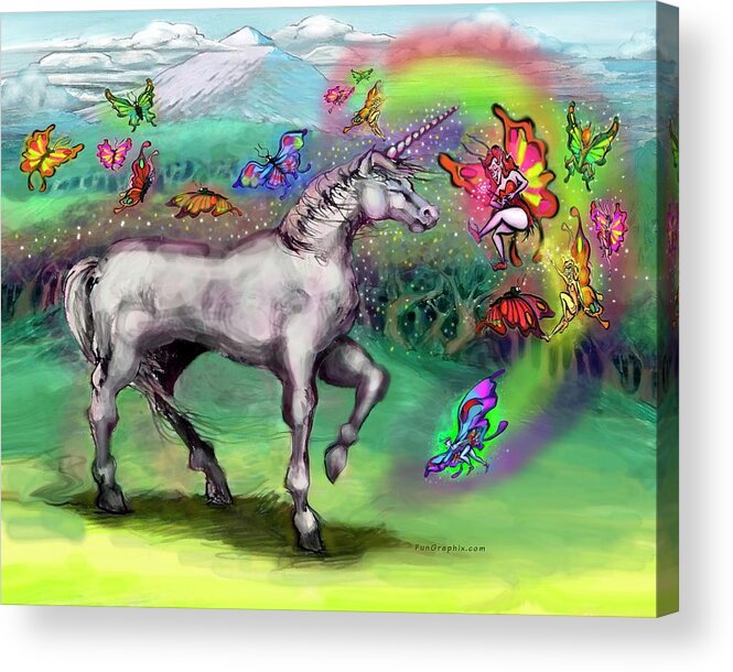 Rainbow Acrylic Print featuring the painting Rainbow Faeries and Unicorn by Kevin Middleton