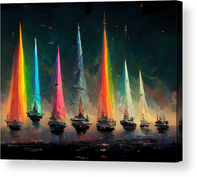 Sailing Acrylic Print featuring the digital art Rainbow Fleet by Nickleen Mosher