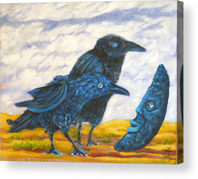 Ravens And The Moon Acrylic Print featuring the painting Ravens and the moon by Elzbieta Goszczycka