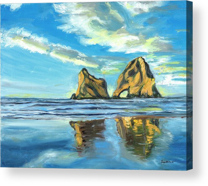 Beach Seascape Water Sky Arches Reflections Acrylic Print featuring the painting Reflections by Santana Star