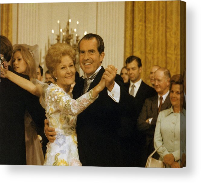 President Nixon Acrylic Print featuring the photograph Richard and Pat Nixon Dancing At The White House - 1971 by War Is Hell Store