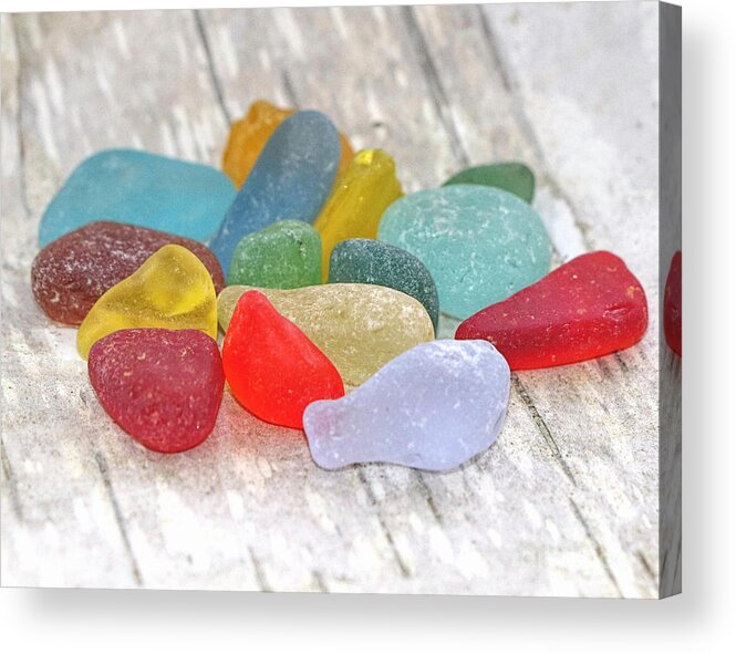 Sea Glass Acrylic Print featuring the photograph Sea glass on white birch bark by Janice Drew